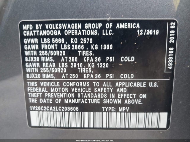 Aukcja sprzedaży 2020 Volkswagen Atlas Cross Sport 2.0t Se W/technology/2.0t Se W/technology R-line, vin: 1V26C2CA2LC203605, numer aukcji: 44844088