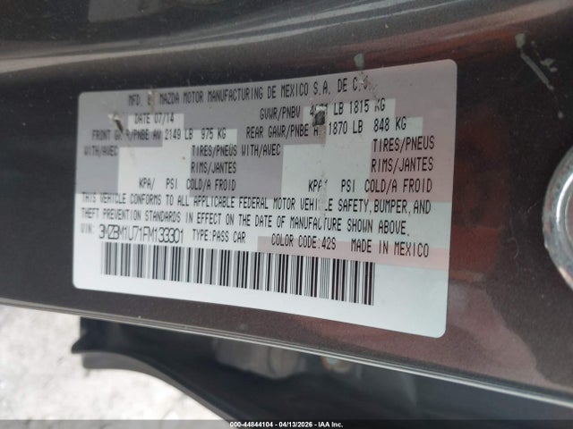 2015 Mazda Mazda3 I Sport მანქანა იყიდება აუქციონზე, vin: 3MZBM1U71FM133301, აუქციონის ნომერი: 44844104