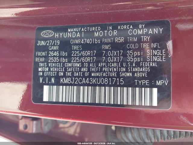 2019 Hyundai Tucson Se მანქანა იყიდება აუქციონზე, vin: KM8J2CA43KU081715, აუქციონის ნომერი: 44844109