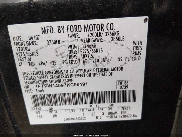 2007 FORD F-150 1FTPW14597KC96191 Photo 8