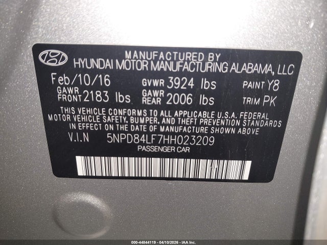44844119 :رقم المزاد ، 5NPD84LF7HH023209 vin ، 2017 Hyundai Elantra Se مزاد بيع