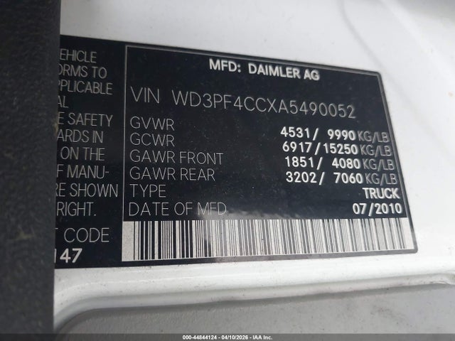 2010 Mercedes-benz Sprinter Van 3500 High Roof მანქანა იყიდება აუქციონზე, vin: WD3PF4CCXA5490052, აუქციონის ნომერი: 44844124