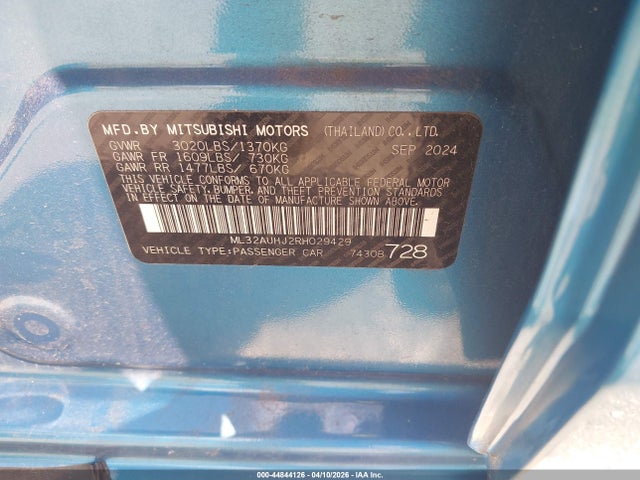 Продаж на аукціоні авто 2024 Mitsubishi Mirage Es/le, vin: ML32AUHJ2RH029429, номер лоту: 44844126