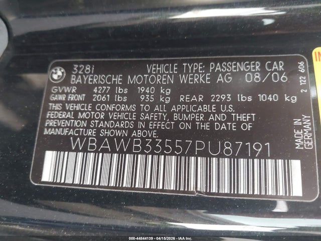 44844139 :رقم المزاد ، WBAWB33557PU87191 vin ، 2007 Bmw 328i مزاد بيع