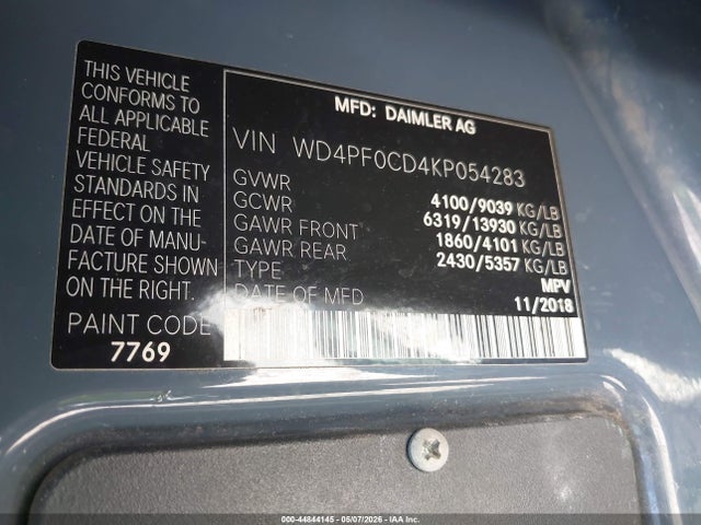 Aukcja sprzedaży 2019 Mercedes-benz Sprinter 2500 Standard Roof V6, vin: WD4PF0CD4KP054283, numer aukcji: 44844145