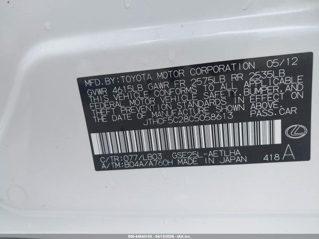 44844155 :رقم المزاد ، JTHCF5C28C5058613 vin ، 2012 Lexus Is 250 مزاد بيع