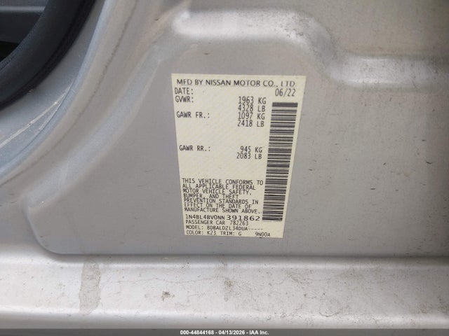 44844168 :رقم المزاد ، 1N4BL4BV0NN391862 vin ، 2022 Nissan Altima S Fwd مزاد بيع