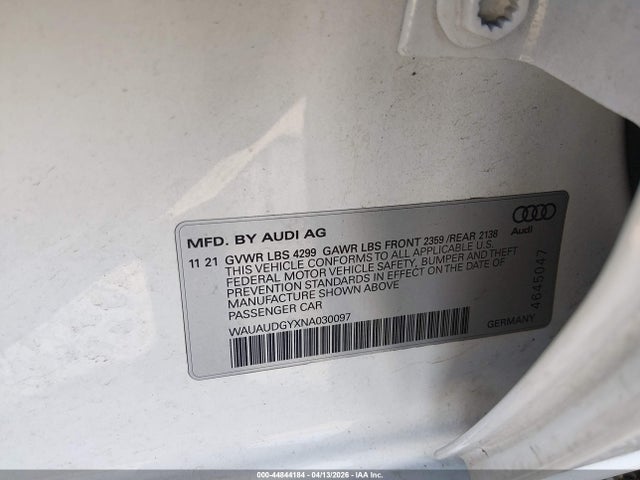 44844184 :رقم المزاد ، WAUAUDGYXNA030097 vin ، 2022 Audi A3 Premium 40 Tfsi Front-wheel Drive S Tronic مزاد بيع