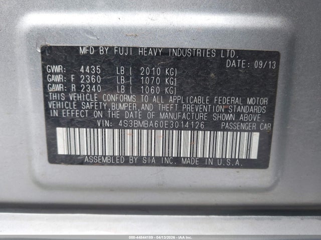 2014 Subaru Legacy 2.5i მანქანა იყიდება აუქციონზე, vin: 4S3BMBA60E3014126, აუქციონის ნომერი: 44844189