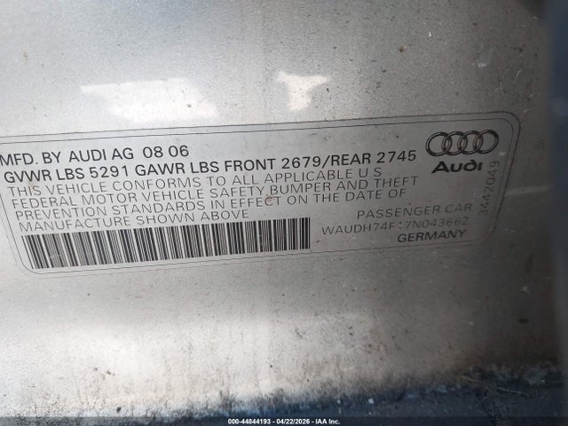 Aukcja sprzedaży 2007 Audi A6 3.2, vin: WAUDH74F17N043662, numer aukcji: 44844193