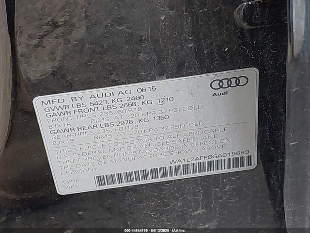 44844195 :رقم المزاد ، WA1L2AFP8GA019699 vin ، 2016 Audi Q5 2.0t Premium مزاد بيع