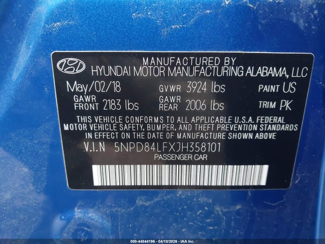 2018 Hyundai Elantra Sel მანქანა იყიდება აუქციონზე, vin: 5NPD84LFXJH358101, აუქციონის ნომერი: 44844196
