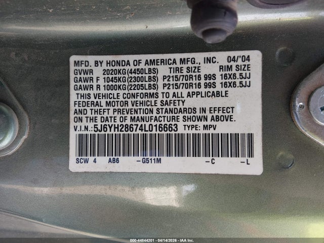 2004 Honda Element Ex მანქანა იყიდება აუქციონზე, vin: 5J6YH28674L016663, აუქციონის ნომერი: 44844201