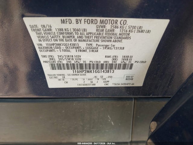 44844208 :رقم المزاد ، 1FAHP2MK1GG143813 vin ، 2016 Ford Police Interceptor مزاد بيع
