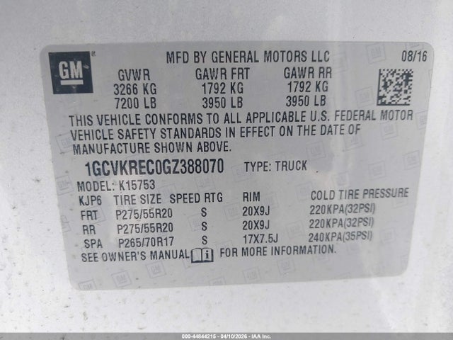 Aukcja sprzedaży 2016 Chevrolet Silverado 1500 2lt, vin: 1GCVKREC0GZ388070, numer aukcji: 44844215