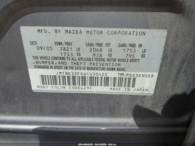 2006 Mazda Mazda3 I მანქანა იყიდება აუქციონზე, vin: JM1BK32FX61430420, აუქციონის ნომერი: 44844242
