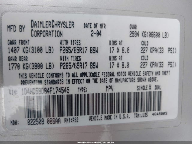 44844245 :رقم المزاد ، 1D4HD58D84F174545 vin ، 2004 Dodge Durango Limited مزاد بيع