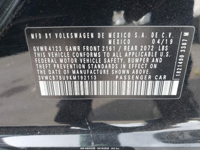 2019 Volkswagen Jetta 1.4t R-line/1.4t S/1.4t Se მანქანა იყიდება აუქციონზე, vin: 3VWCB7BU9KM192113, აუქციონის ნომერი: 44844250