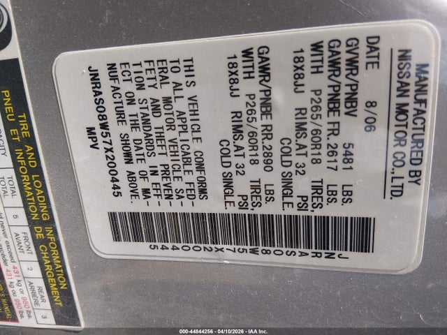 Продаж на аукціоні авто 2007 Infiniti Fx35, vin: JNRAS08W57X200445, номер лоту: 44844256