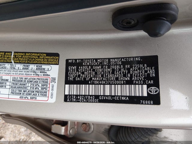 Продажа на аукционе авто 2007 Toyota Camry Le V6, vin: 4T1BK46K37U509081, номер лота: 44844279