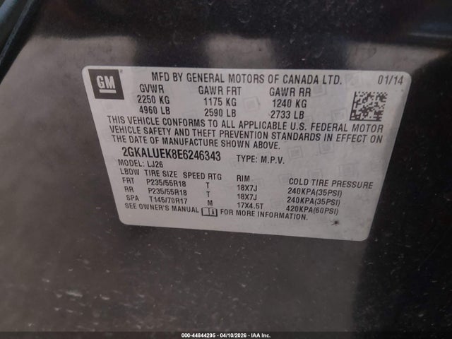44844295 :رقم المزاد ، 2GKALUEK8E6246343 vin ، 2014 Gmc Terrain Denali مزاد بيع