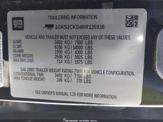 44844296 :رقم المزاد ، 1GKS2CKD4RR135936 vin ، 2024 Gmc Yukon 4wd At4 مزاد بيع