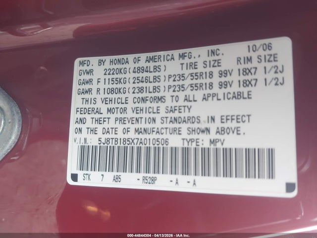 Aukcja sprzedaży 2007 Acura Rdx, vin: 5J8TB185X7A010506, numer aukcji: 44844304