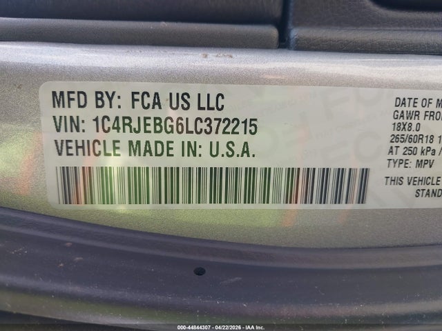 44844307 :رقم المزاد ، 1C4RJEBG6LC372215 vin ، 2020 Jeep Grand Cherokee Limited 4x2 مزاد بيع