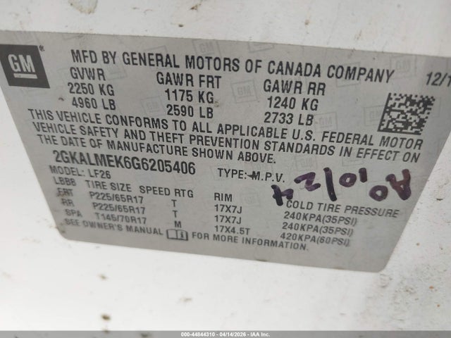 Продаж на аукціоні авто 2016 Gmc Terrain Sle-1, vin: 2GKALMEK6G6205406, номер лоту: 44844310