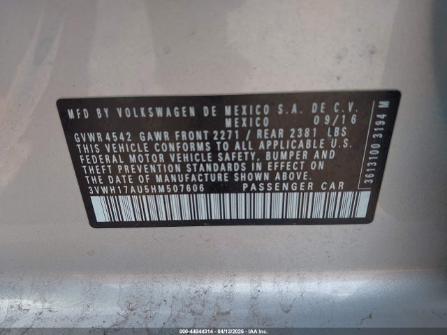 Продаж на аукціоні авто 2017 Volkswagen Golf Alltrack Tsi Se, vin: 3VWH17AU5HM507606, номер лоту: 44844314
