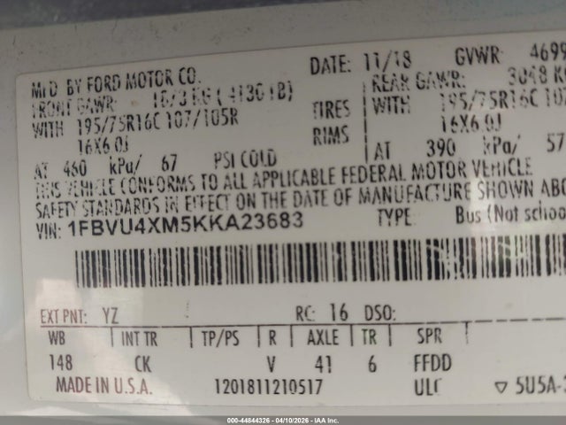 44844326 :رقم المزاد ، 1FBVU4XM5KKA23683 vin ، 2019 Ford Transit-350 Xlt مزاد بيع
