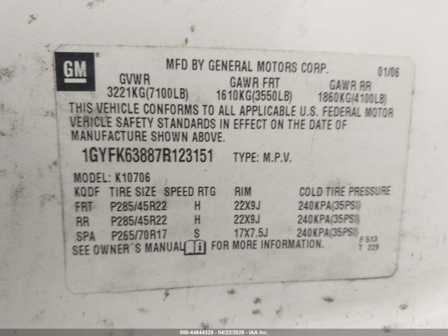 2007 Cadillac Escalade Standard მანქანა იყიდება აუქციონზე, vin: 1GYFK63887R123151, აუქციონის ნომერი: 44844328