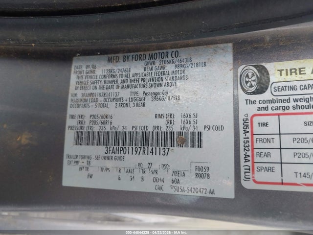 Продажа на аукционе авто 2007 Ford Fusion Se, vin: 3FAHP01197R141137, номер лота: 44844329