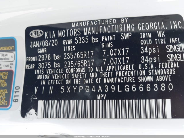 Aukcja sprzedaży 2020 Kia Sorento 2.4l Lx, vin: 5XYPG4A39LG666380, numer aukcji: 44844331