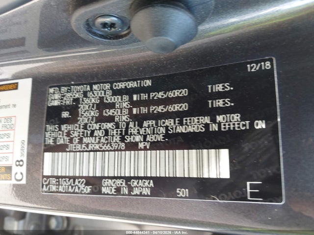 Продажа на аукционе авто 2019 Toyota 4runner Limited, vin: JTEBU5JR9K5663978, номер лота: 44844341