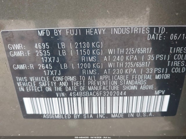 44844355 :رقم المزاد ، 4S4BSBAC6F3202044 vin ، 2015 Subaru Outback 2.5i مزاد بيع