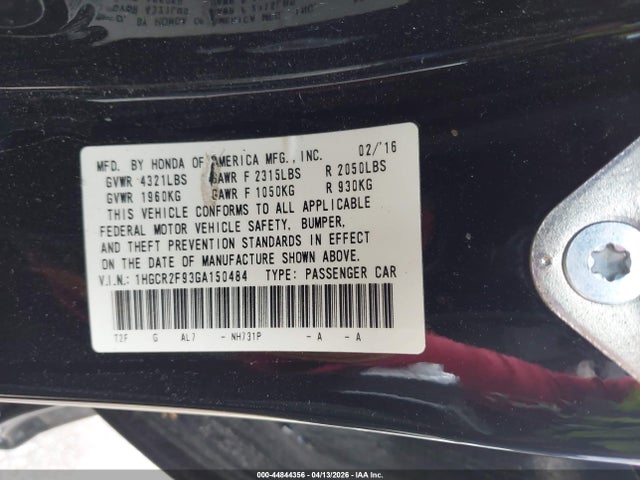 44844356 :رقم المزاد ، 1HGCR2F93GA150484 vin ، 2016 Honda Accord Ex-l مزاد بيع
