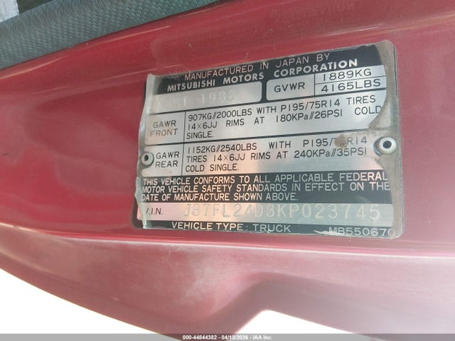1989 Dodge Ram 50 მანქანა იყიდება აუქციონზე, vin: JB7FL24D3KP023745, აუქციონის ნომერი: 44844382