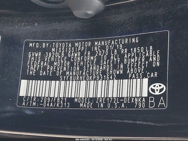 5YFBURHE0KP931642 Toyota COROLLA LE