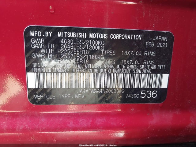 Aukcja sprzedaży 2022 Mitsubishi Eclipse Cross Se S-awc/se Special Edition S-awc/sel S-awc/sel Special Edition S-awc, vin: JA4ATWAA4NZ003342, numer aukcji: 44844389