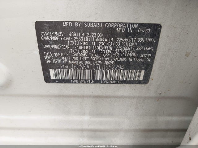 44844404 :رقم المزاد ، JF2SKADC7LH582294 vin ، 2020 Subaru Forester مزاد بيع