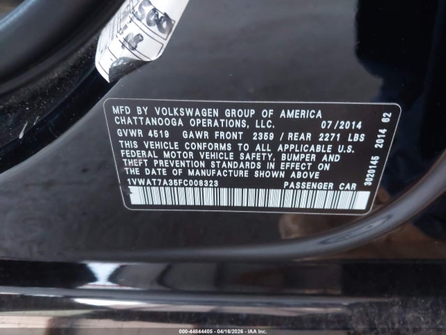 2015 Volkswagen Passat 1.8t Wolfsburg Edition მანქანა იყიდება აუქციონზე, vin: 1VWAT7A35FC008323, აუქციონის ნომერი: 44844405