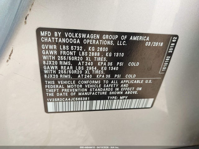 1V2SR2CA4JC565381 Volkswagen Atlas 3.6l V6 Sel