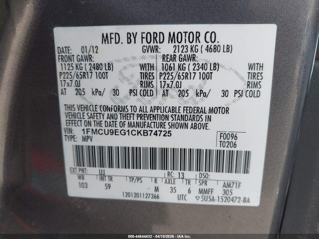 44844432 :رقم المزاد ، 1FMCU9EG1CKB74725 vin ، 2012 Ford Escape Limited مزاد بيع