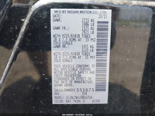 2015 Infiniti Qx60 მანქანა იყიდება აუქციონზე, vin: 5N1AL0MM8FC551675, აუქციონის ნომერი: 44844437