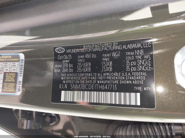 Продажа на аукционе авто 2026 Hyundai Tucson Sel, vin: 5NMJBCDE1TH647713, номер лота: 44844440