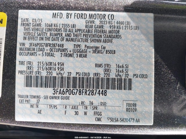 Aukcja sprzedaży 2015 Ford Fusion S, vin: 3FA6P0G78FR287448, numer aukcji: 44844441