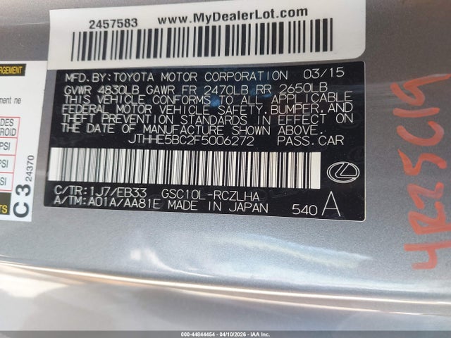Продажа на аукционе авто 2015 Lexus Rc 350, vin: JTHHE5BC2F5006272, номер лота: 44844454