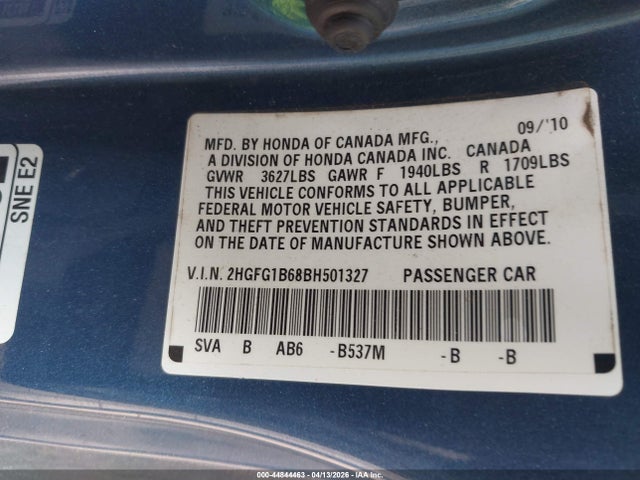 Aukcja sprzedaży 2011 Honda Civic Lx, vin: 2HGFG1B68BH501327, numer aukcji: 44844463