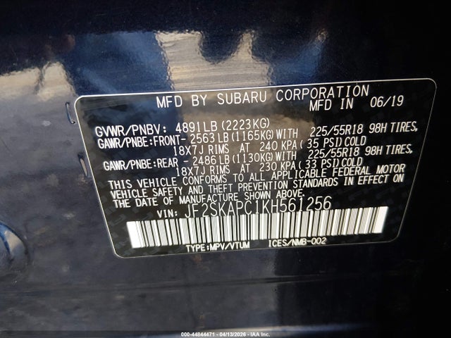 2019 Subaru Forester Sport მანქანა იყიდება აუქციონზე, vin: JF2SKAPC1KH561256, აუქციონის ნომერი: 44844471